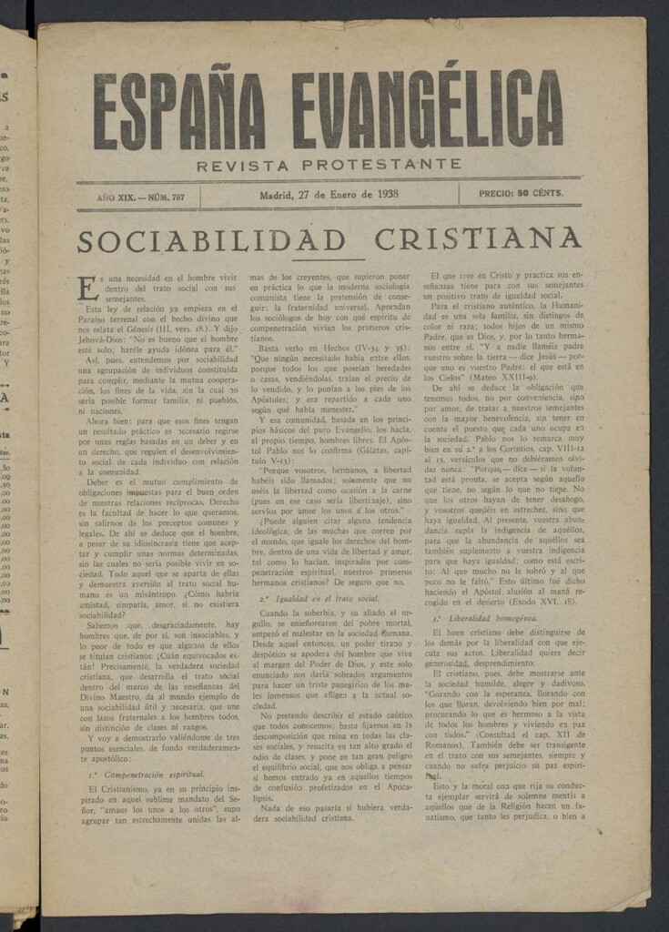 Miniatura de España Evangélica del 27 de enero de 1938, nº 767