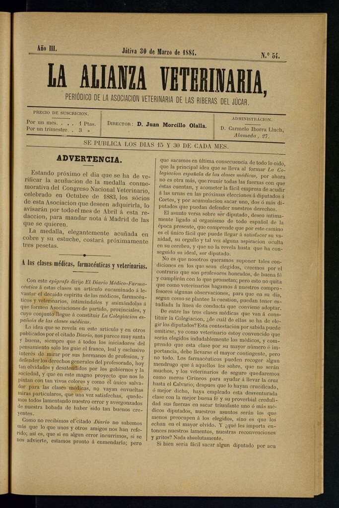 Miniatura de La alianza veterinaria, periódico de la Asociación veterinaria de las riberas del Júcar del 30 de marzo de 1884