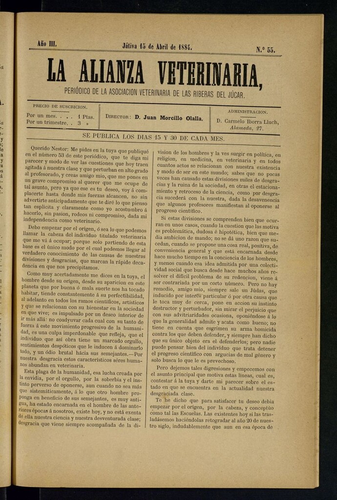 Miniatura de La alianza veterinaria, periódico de la Asociación veterinaria de las riberas del Júcar del 15 de abril de 1884