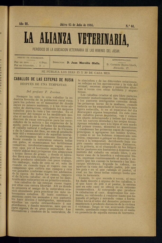 Miniatura de La alianza veterinaria, periódico de la Asociación veterinaria de las riberas del Júcar del 15 de julio de 1884