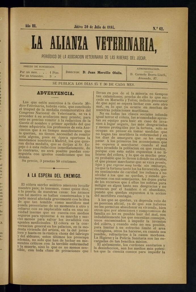 Miniatura de La alianza veterinaria, periódico de la Asociación veterinaria de las riberas del Júcar del 30 de julio de 1884