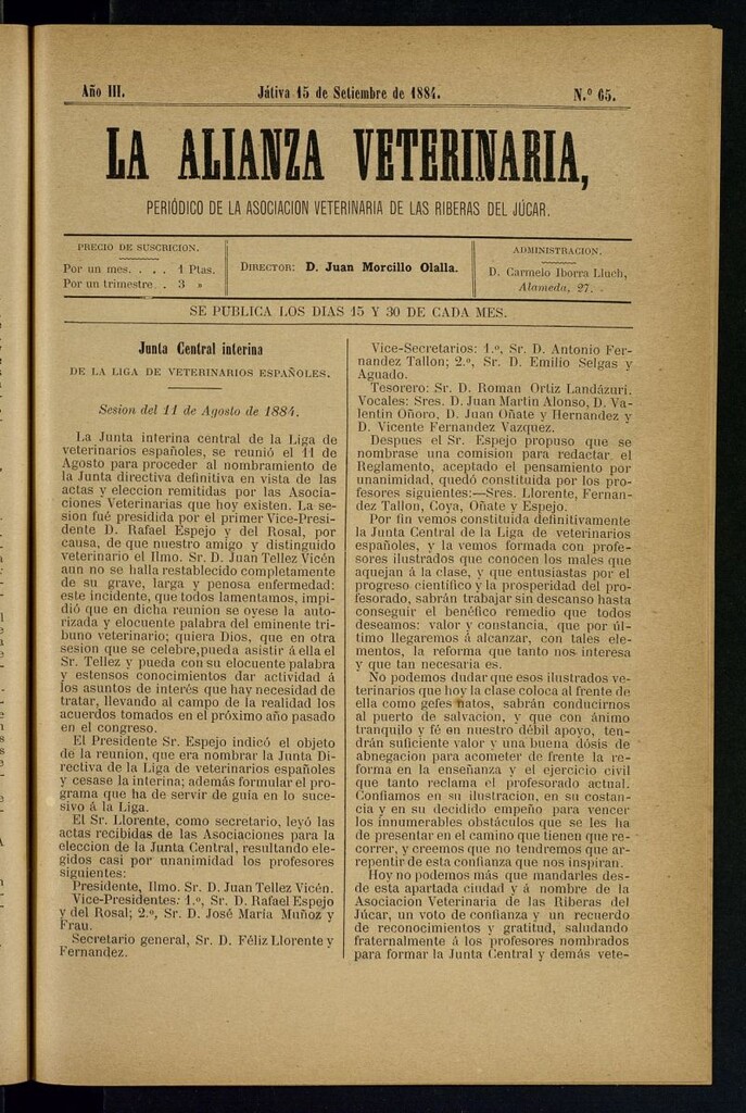 Miniatura de La alianza veterinaria, periódico de la Asociación veterinaria de las riberas del Júcar del 15 de septiembre de 1884