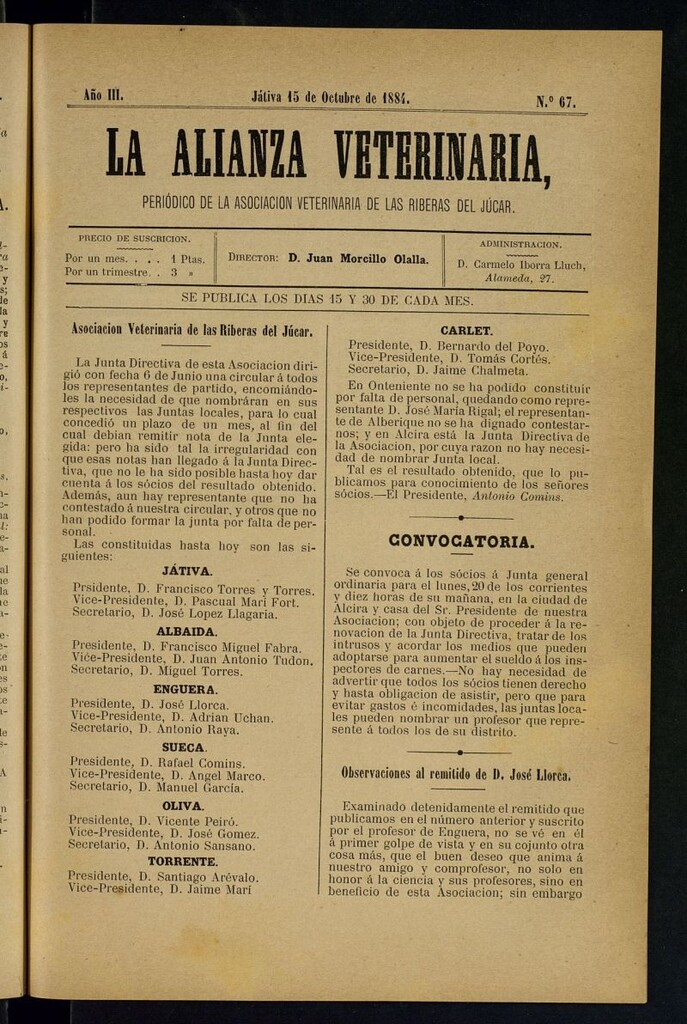 Miniatura de La alianza veterinaria, periódico de la Asociación veterinaria de las riberas del Júcar del 15 de octubre de 1884