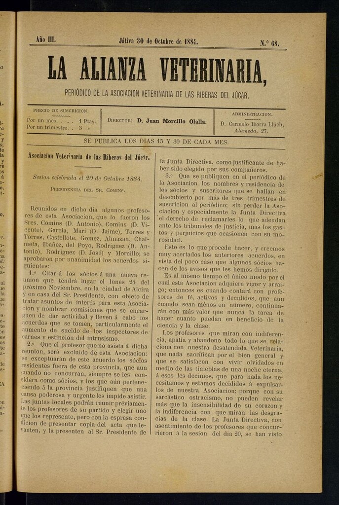 Miniatura de La alianza veterinaria, periódico de la Asociación veterinaria de las riberas del Júcar del 30 de octubre de 1884