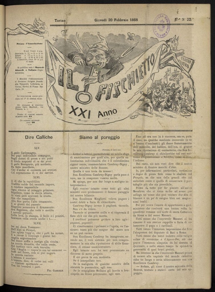 Miniatura de Il Fischietto del 20 de febrero de 1868, nº 22