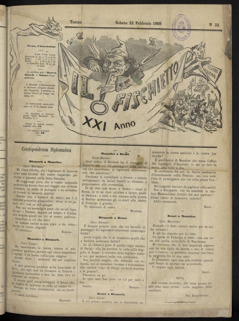Miniatura de Il Fischietto del 22 de febrero de 1868, nº 23