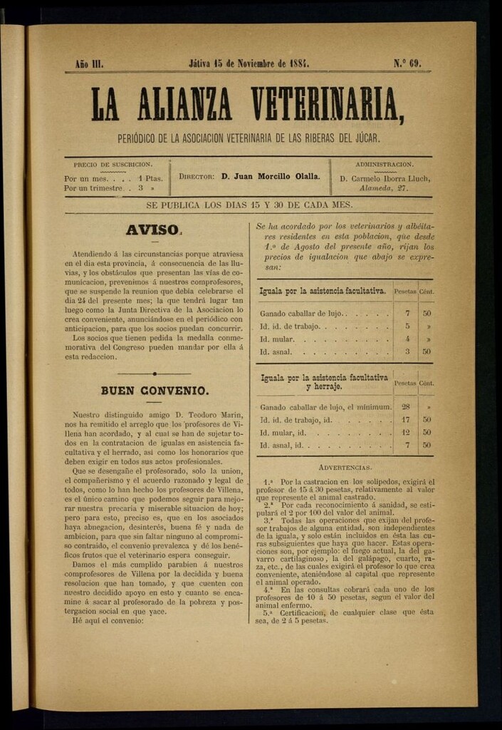 Miniatura de La alianza veterinaria, periódico de la Asociación veterinaria de las riberas del Júcar del 15 de noviembre de 1884