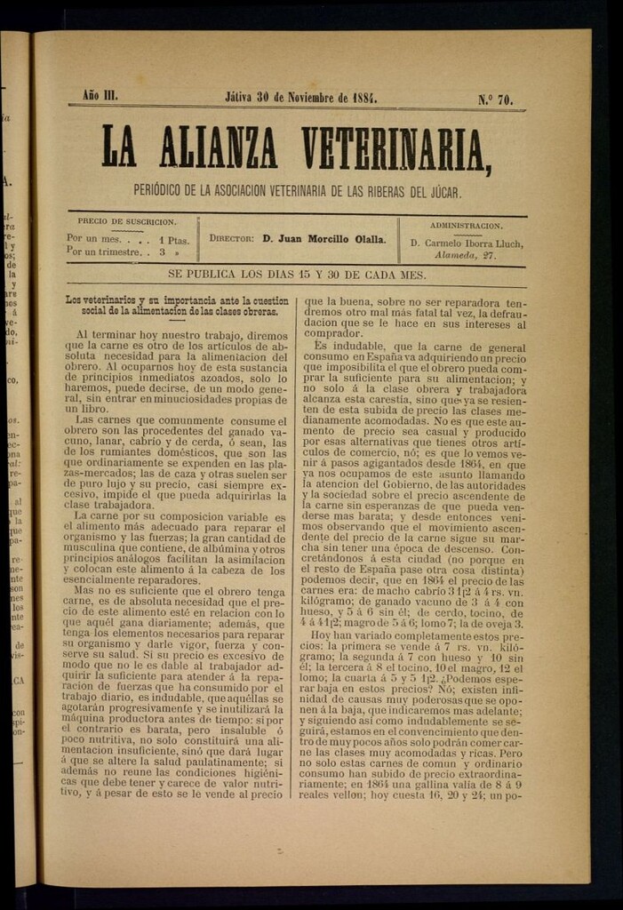 Miniatura de La alianza veterinaria, periódico de la Asociación veterinaria de las riberas del Júcar del 30 de noviembre de 1884