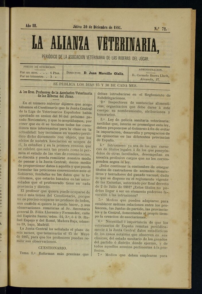 Miniatura de La alianza veterinaria, periódico de la Asociación veterinaria de las riberas del Júcar del 30 de diciembre de 1884