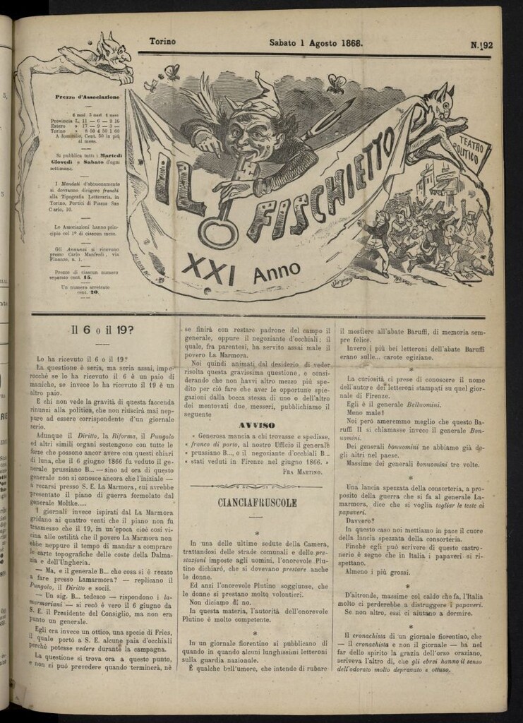 Miniatura de Il Fischietto del 1 de agosto de 1868, nº 92