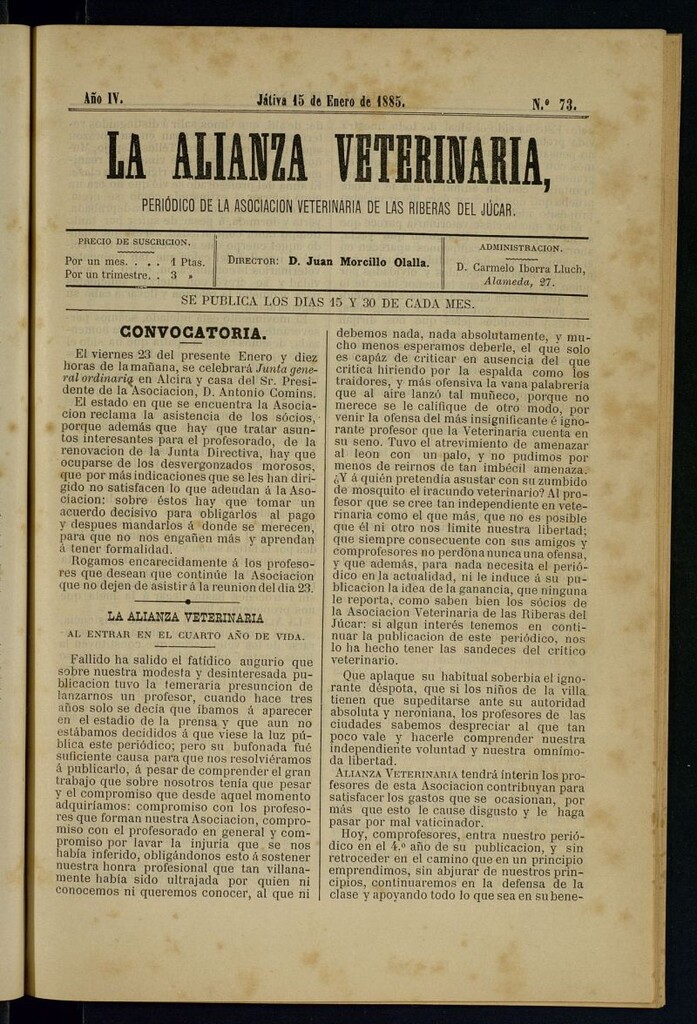 Miniatura de La alianza veterinaria, periódico de la Asociación veterinaria de las riberas del Júcar del 15 de enero de 1885