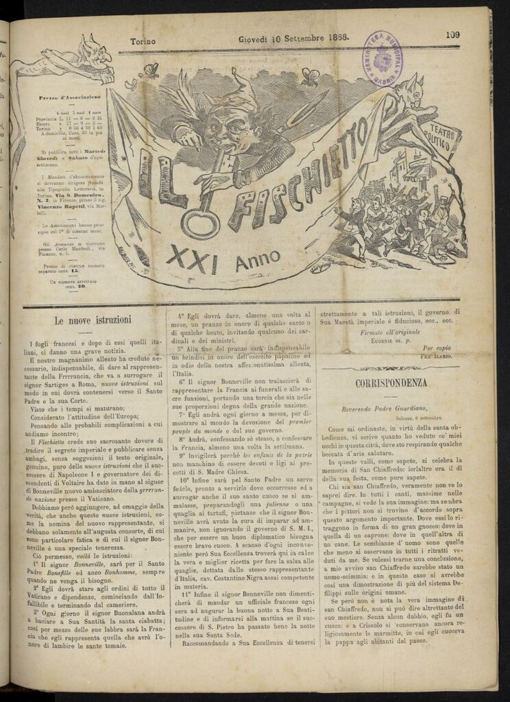 Miniatura de Il Fischietto del 10 de septiembre de 1868, nº 109