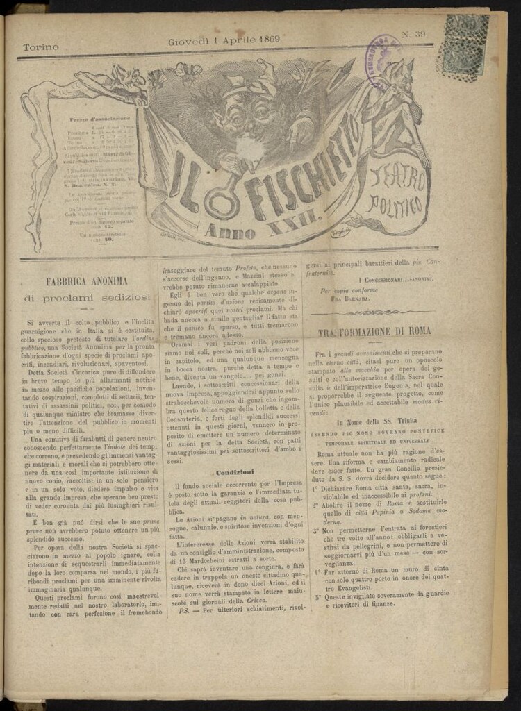 Miniatura de Il Fischietto del 1 de abril de 1869, nº 39