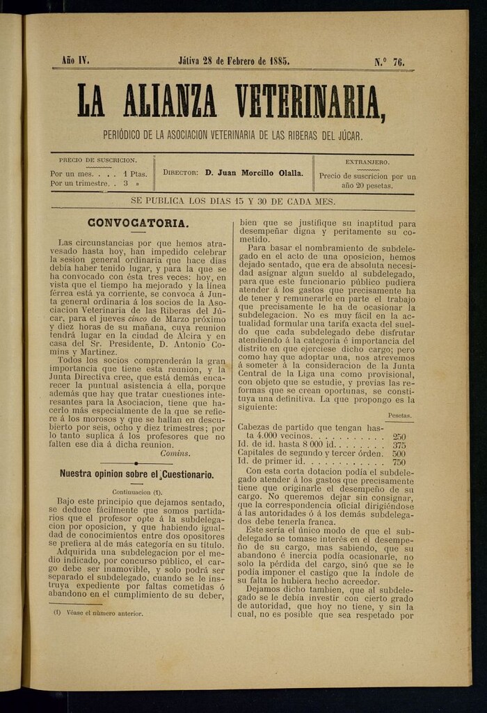 Miniatura de La alianza veterinaria, periódico de la Asociación veterinaria de las riberas del Júcar del 28 de febrero de 1885