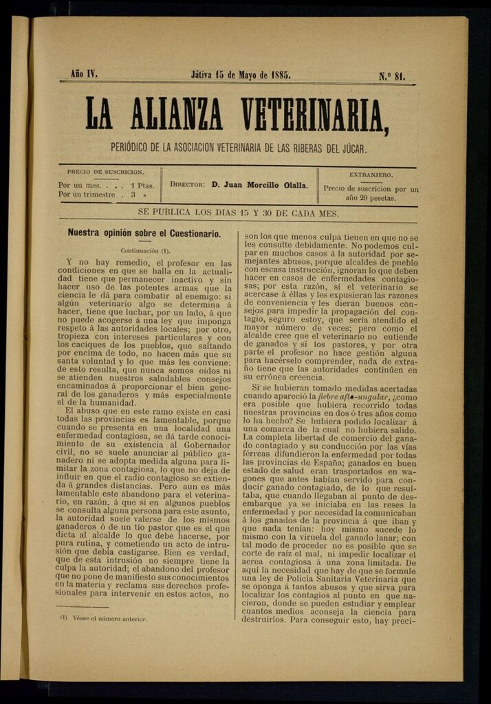 Miniatura de La alianza veterinaria, periódico de la Asociación veterinaria de las riberas del Júcar del 15 de mayo de 1885