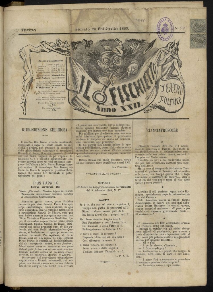 Miniatura de Il Fischietto del 20 de febrero de 1869, nº 22