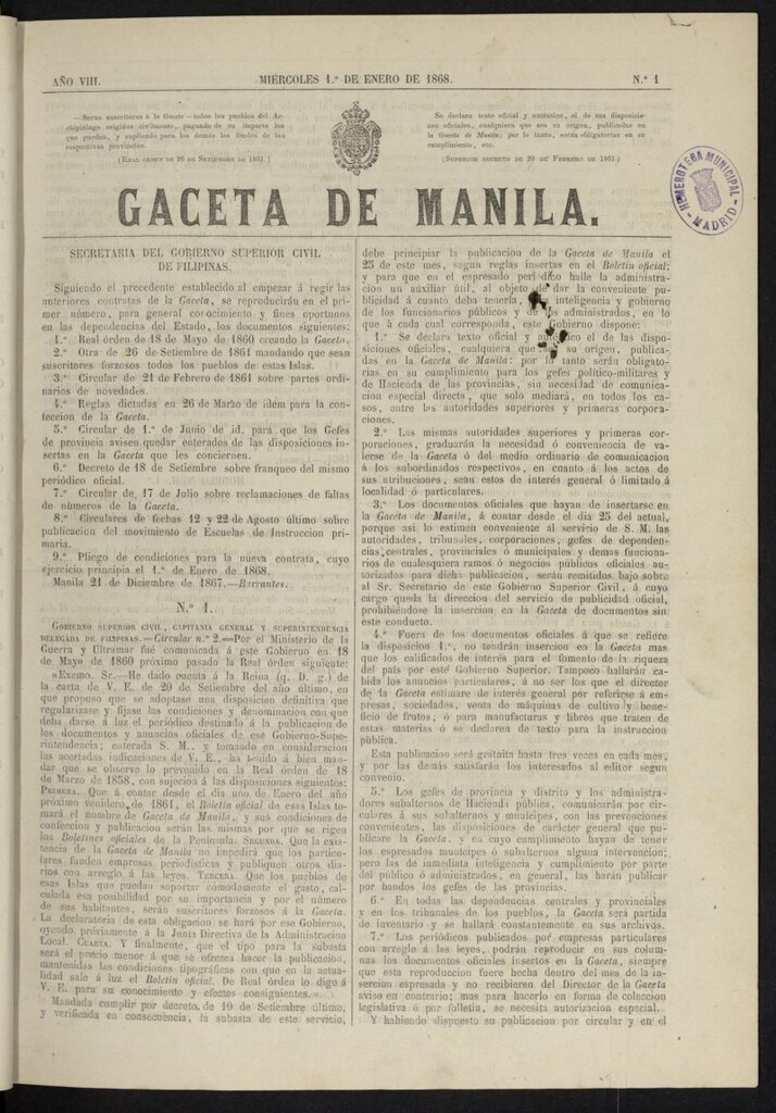 Miniatura de Gaceta de Manila del 1 de enero de 1868, nº 1