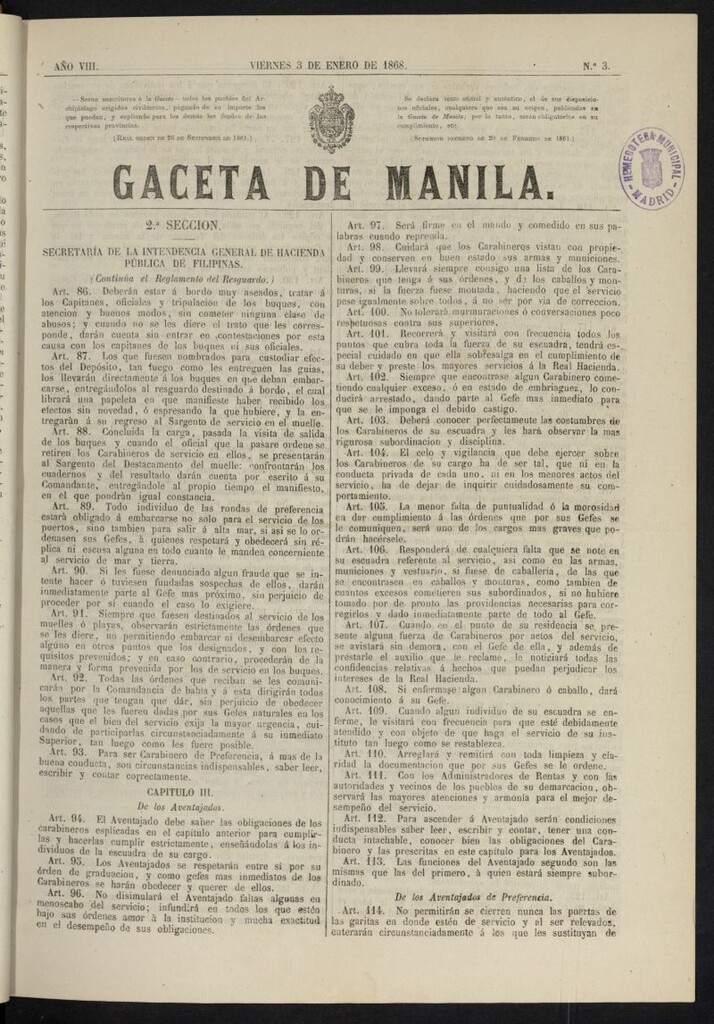 Miniatura de Gaceta de Manila del 3 de enero de 1868, nº 3
