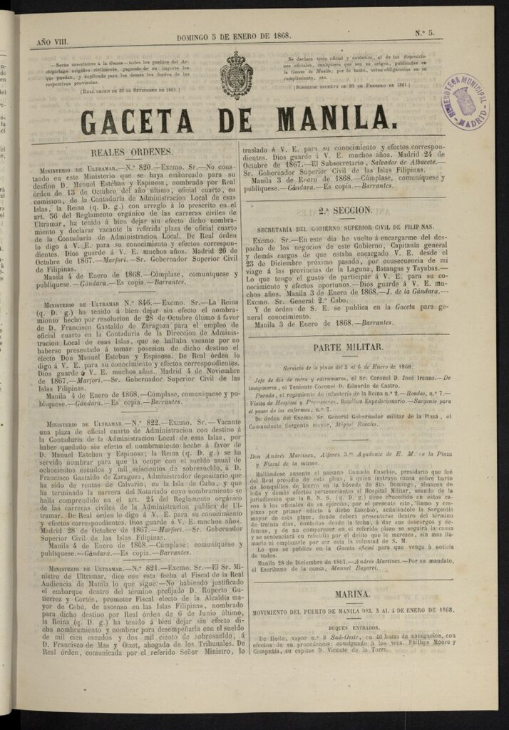 Miniatura de Gaceta de Manila del 5 de enero de 1868, nº 5