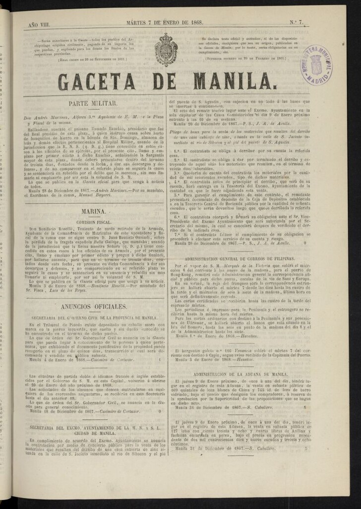 Miniatura de Gaceta de Manila del 7 de enero de 1868, nº 7