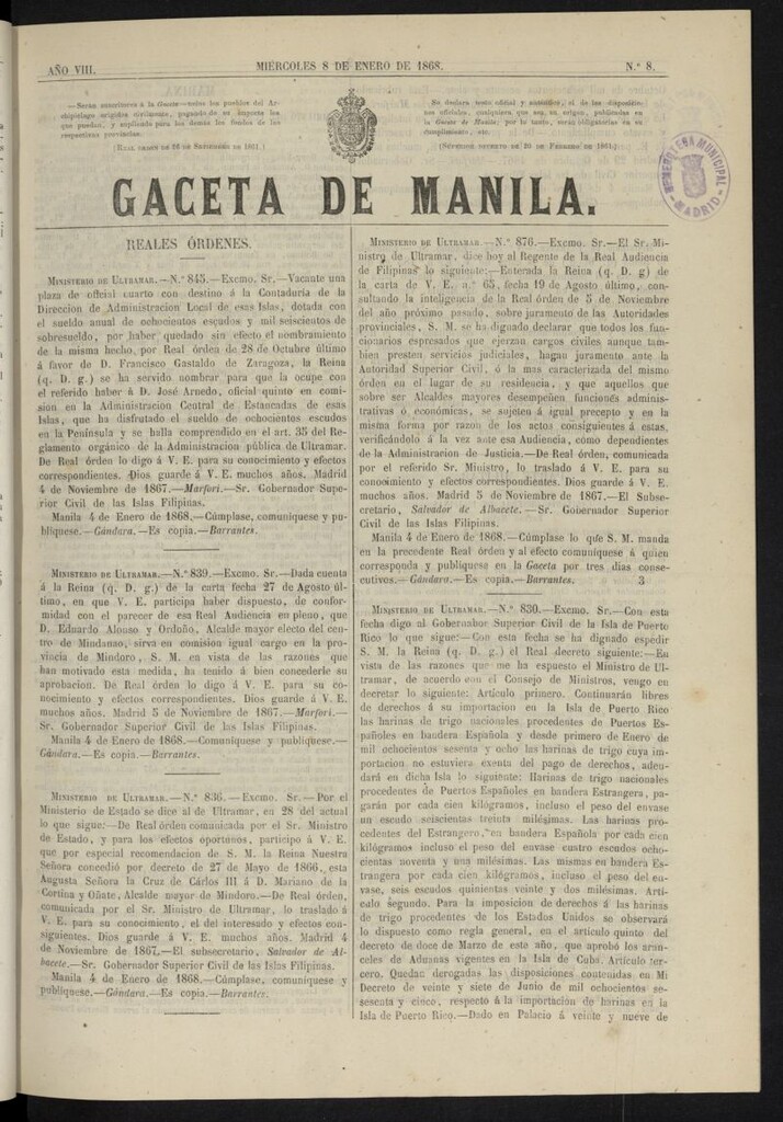 Miniatura de Gaceta de Manila del 8 de enero de 1868, nº 8