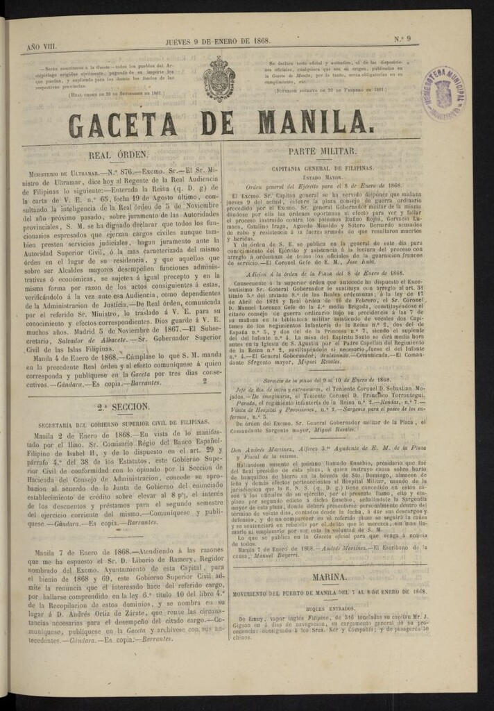 Miniatura de Gaceta de Manila del 9 de enero de 1868, nº 9