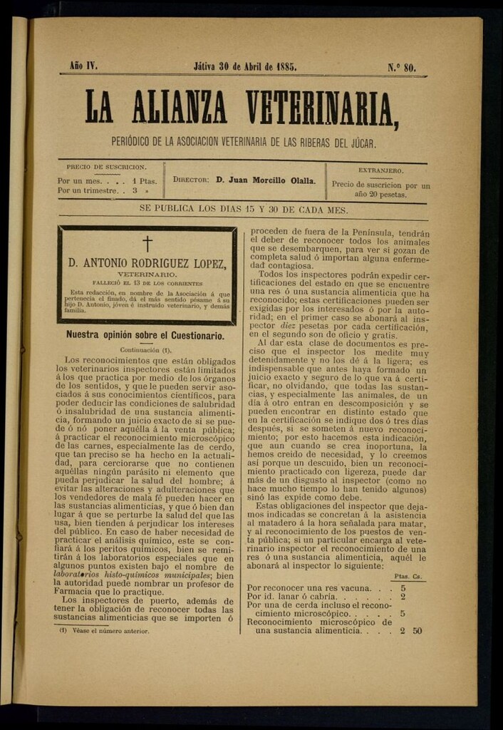 Miniatura de La alianza veterinaria, periódico de la Asociación veterinaria de las riberas del Júcar del 30 de abril de 1885
