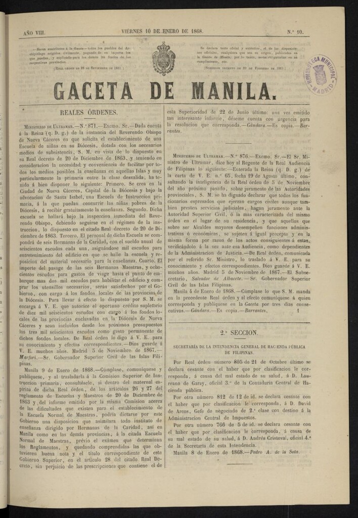 Miniatura de Gaceta de Manila del 10 de enero de 1868, nº 10