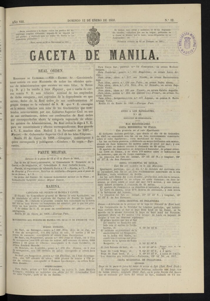 Miniatura de Gaceta de Manila del 12 de enero de 1868, nº 12