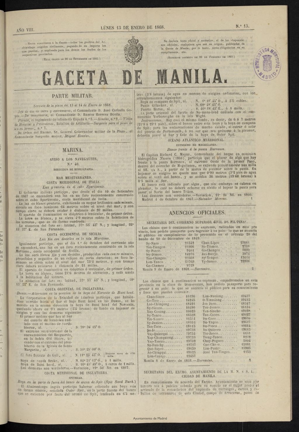 Miniatura de Gaceta de Manila del 13 de enero de 1868, nº 13