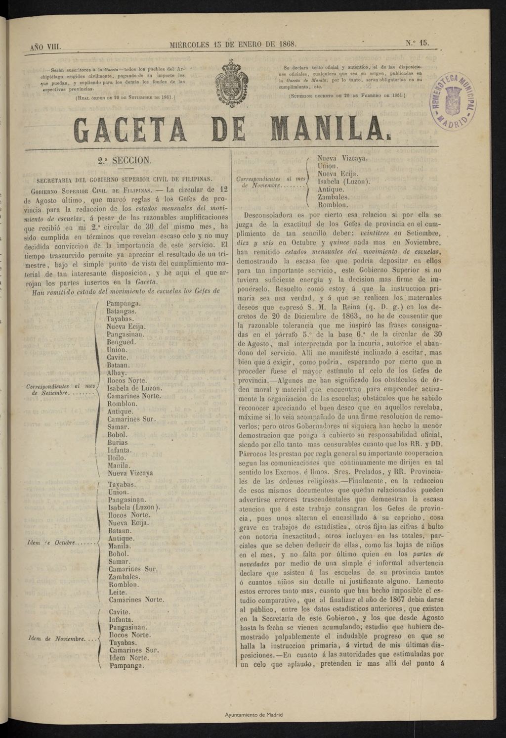 Miniatura de Gaceta de Manila del 15 de enero de 1868, nº 15
