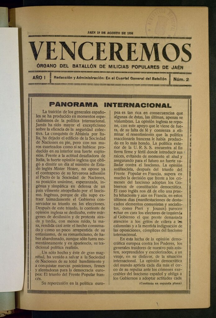 Miniatura de Venceremos: órgano del batallón de milicias populares de Jaén