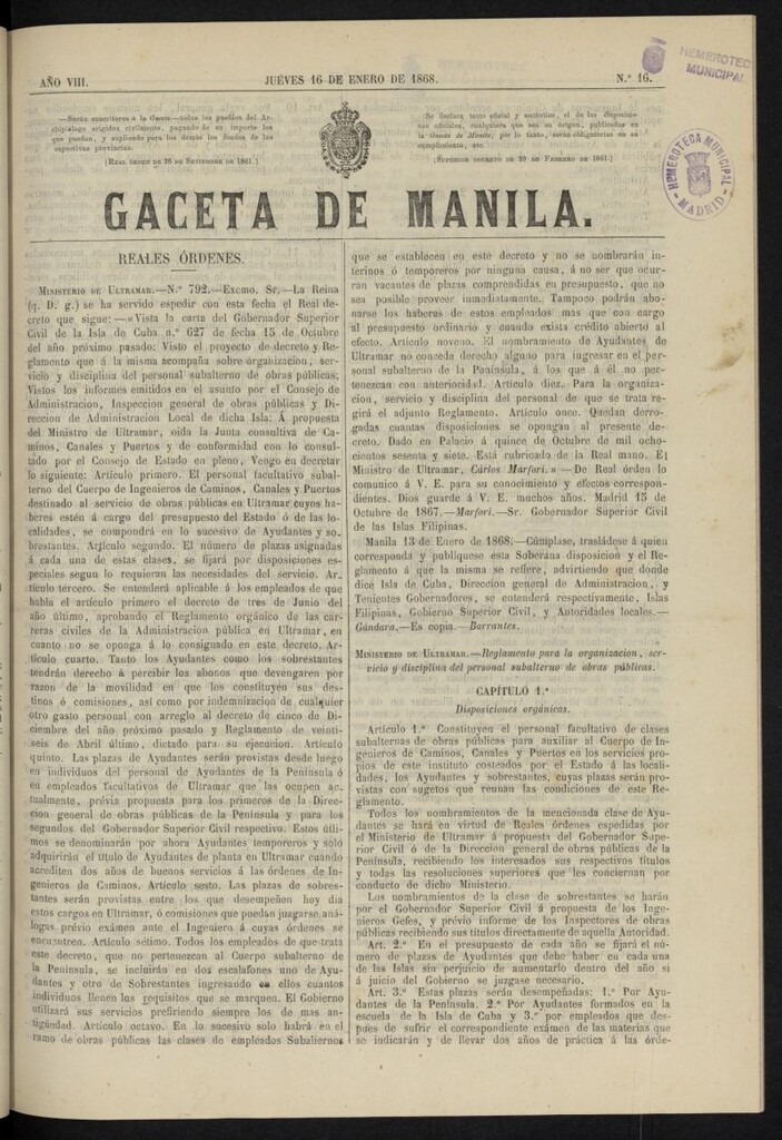 Miniatura de Gaceta de Manila del 16 de enero de 1868, nº 16