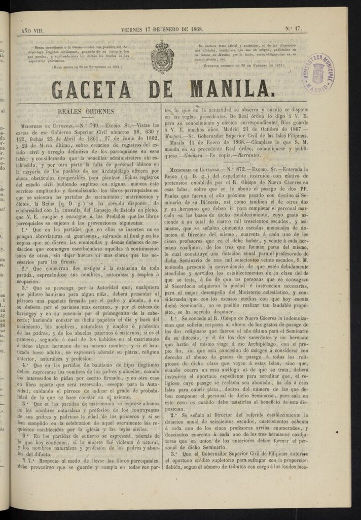 Miniatura de Gaceta de Manila del 17 de enero de 1868, nº 17