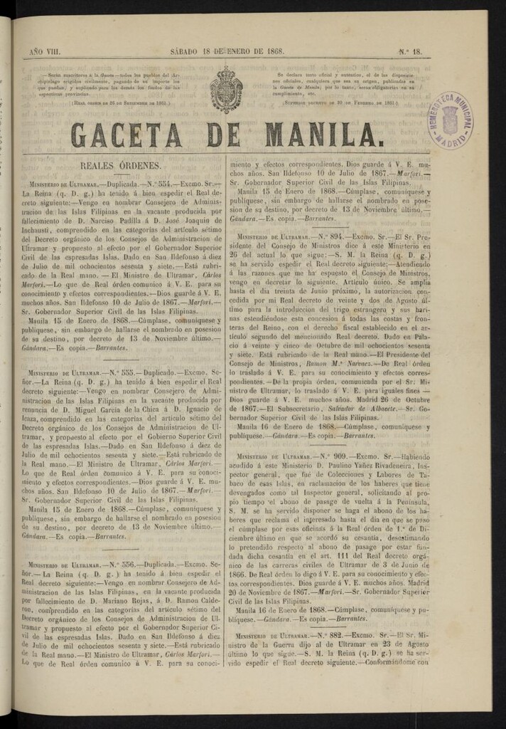 Miniatura de Gaceta de Manila del 18 de enero de 1868, nº 18