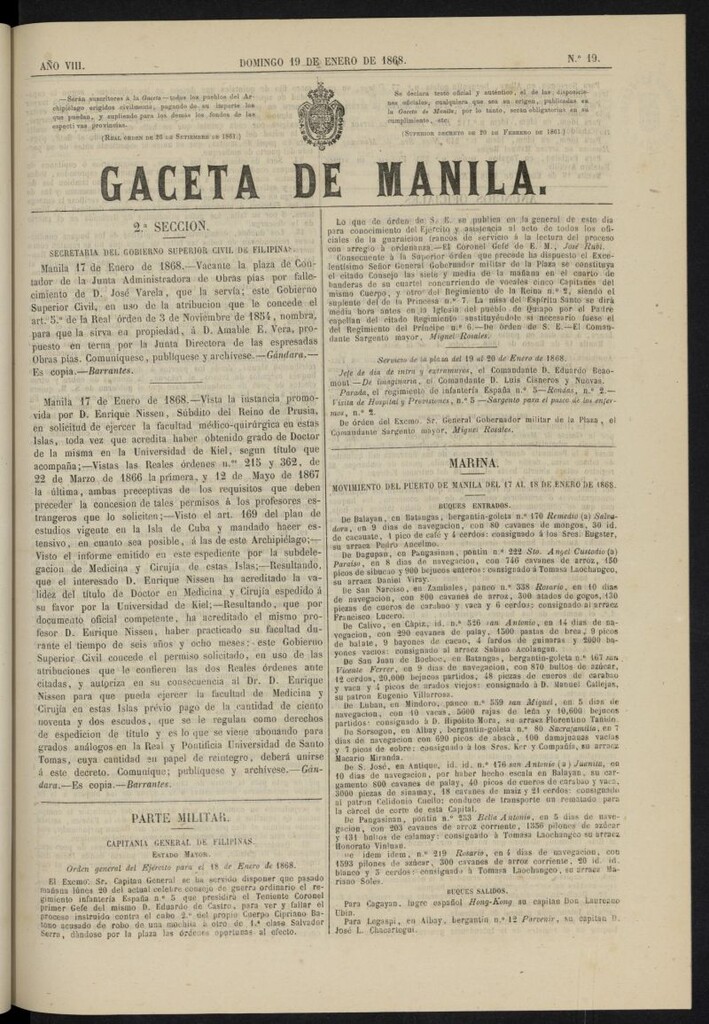 Miniatura de Gaceta de Manila del 19 de enero de 1868, nº 19