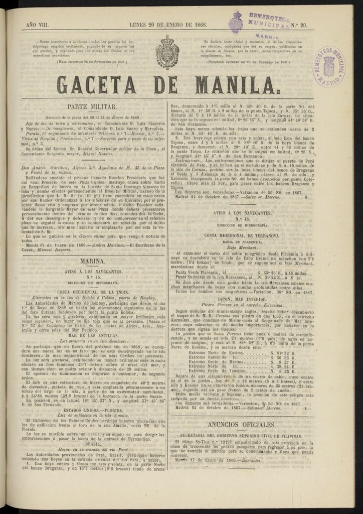 Miniatura de Gaceta de Manila del 20 de enero de 1868, nº 20