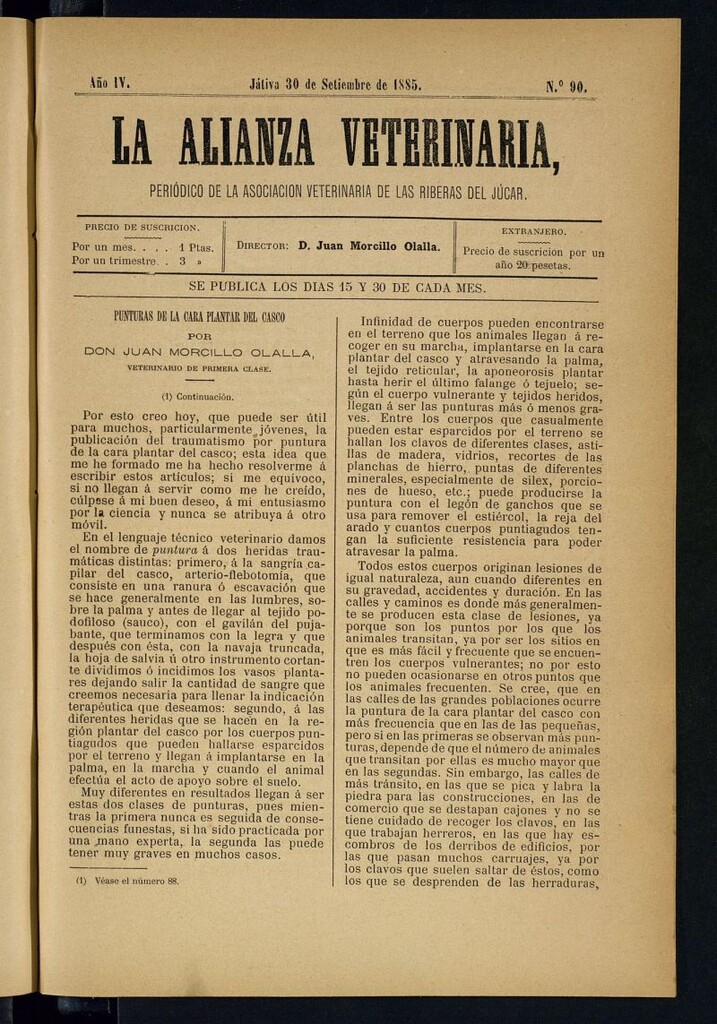 Miniatura de La alianza veterinaria, periódico de la Asociación veterinaria de las riberas del Júcar del 30 de septiembre de 1885