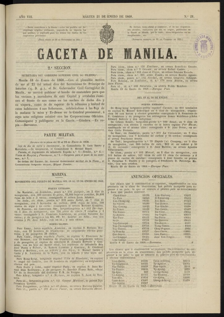 Miniatura de Gaceta de Manila del 21 de enero de 1868, nº 21