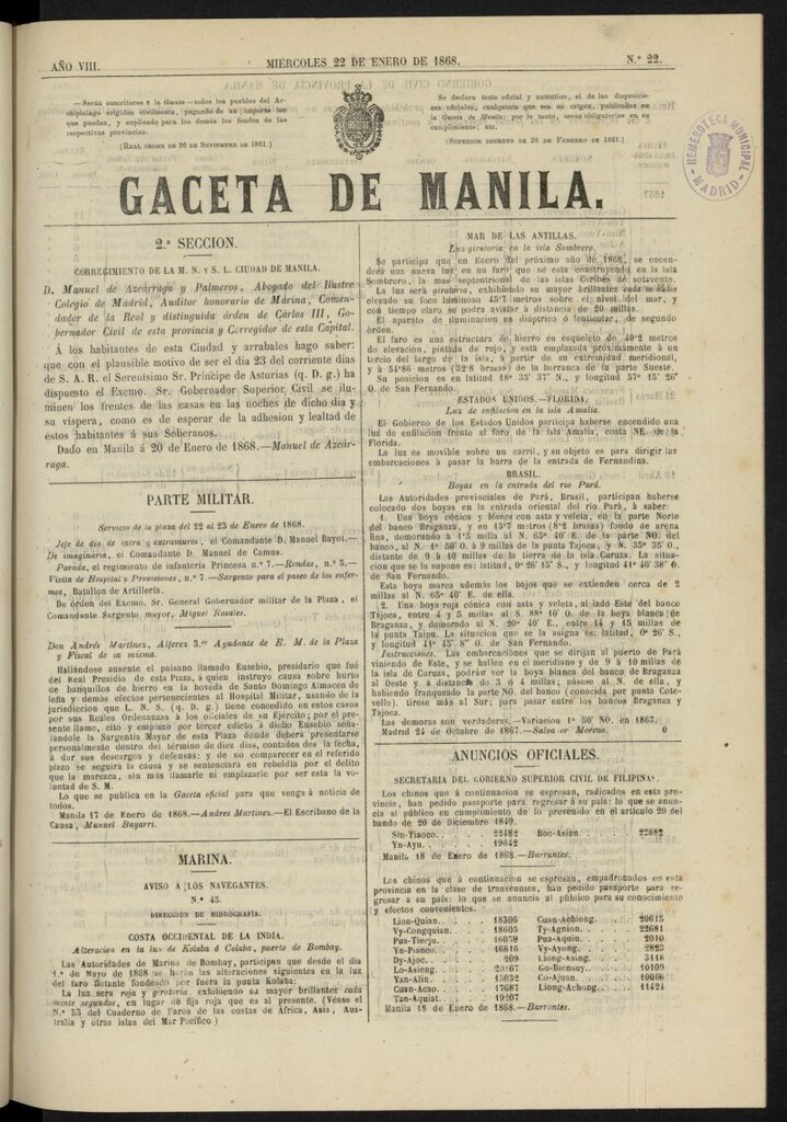Miniatura de Gaceta de Manila del 22 de enero de 1868, nº 22