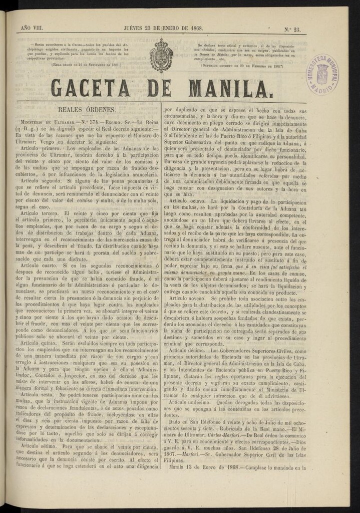 Miniatura de Gaceta de Manila del 23 de enero de 1868, nº 23