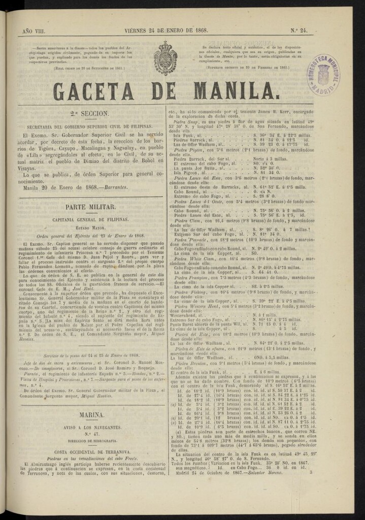 Miniatura de Gaceta de Manila del 24 de enero de 1868, nº 24