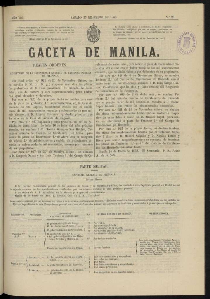 Miniatura de Gaceta de Manila del 25 de enero de 1868, nº 25