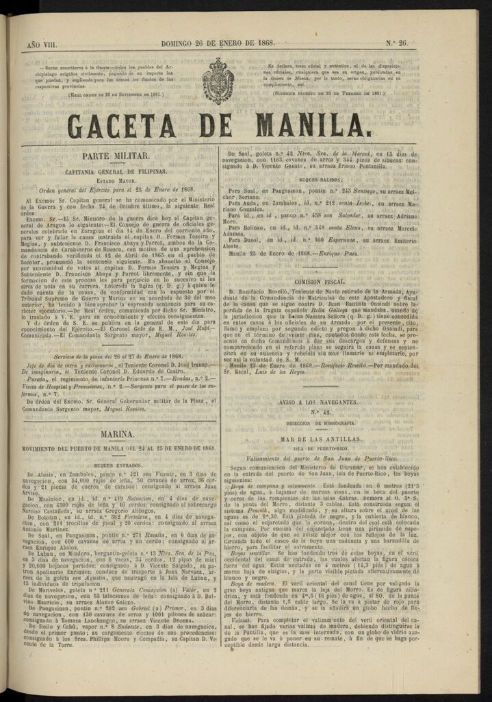 Miniatura de Gaceta de Manila del 26 de enero de 1868, nº 26