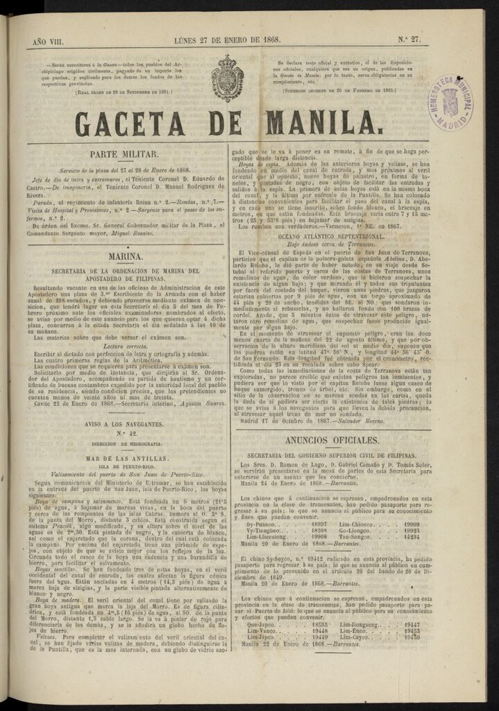 Miniatura de Gaceta de Manila del 27 de enero de 1868, nº 27