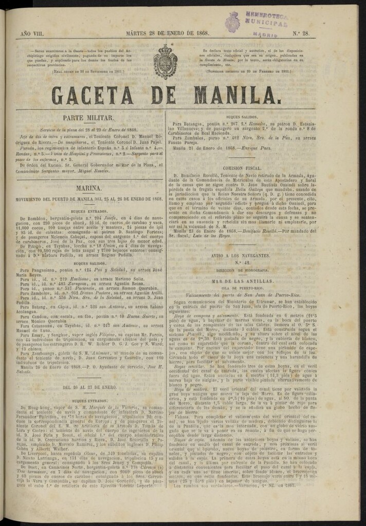 Miniatura de Gaceta de Manila del 28 de enero de 1868, nº 28