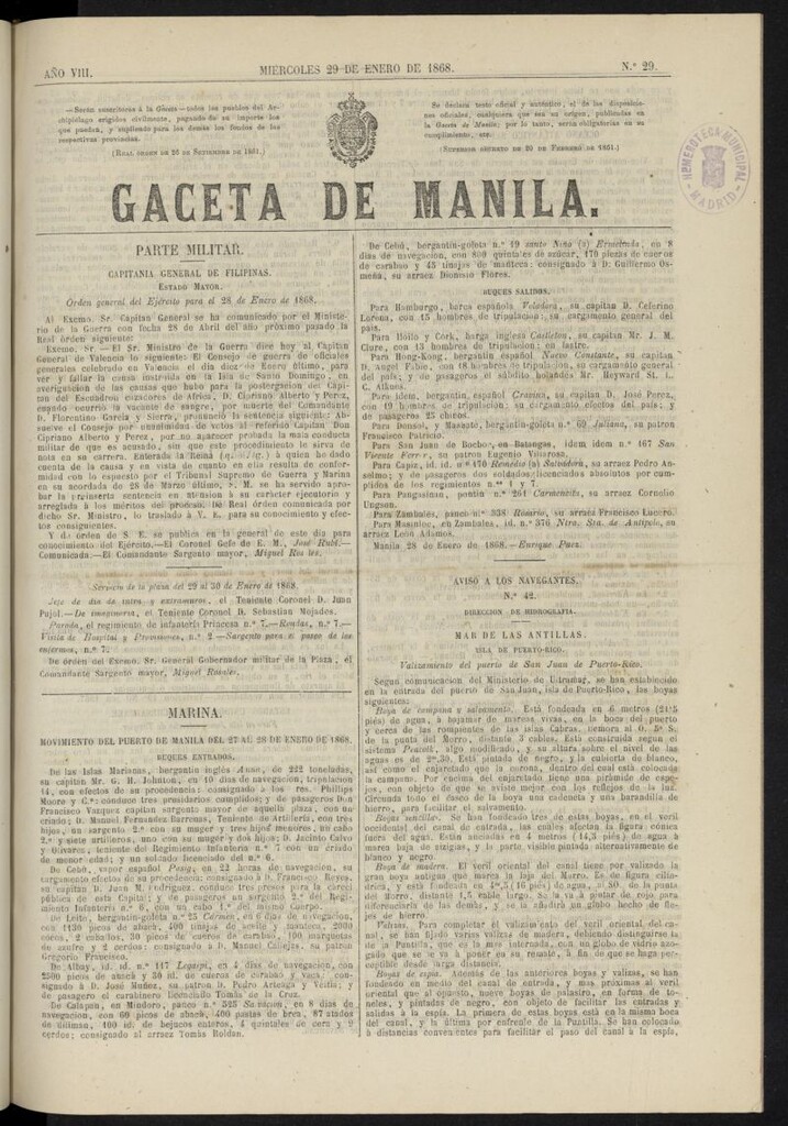 Miniatura de Gaceta de Manila del 29 de enero de 1868, nº 29