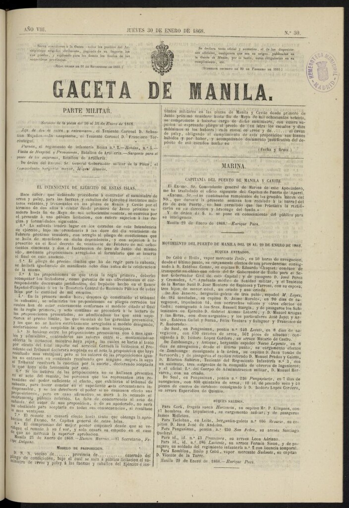 Miniatura de Gaceta de Manila del 30 de enero de 1868, nº 30