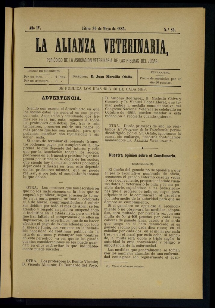 Miniatura de La alianza veterinaria, periódico de la Asociación veterinaria de las riberas del Júcar del 30 de mayo de 1885