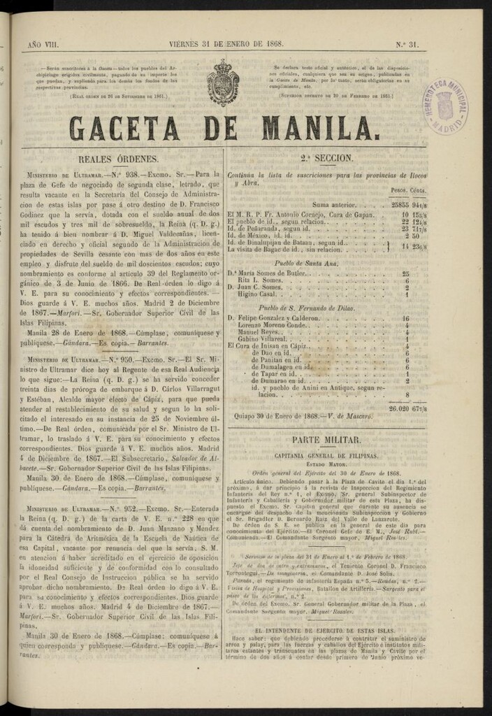 Miniatura de Gaceta de Manila del 31 de enero de 1868, nº 31
